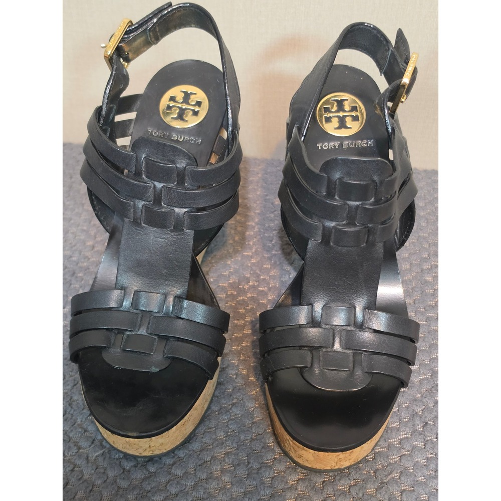 Tory Burch Black Leather Strappy Cork Platform Wedge Sandals Gold Logo 8M
